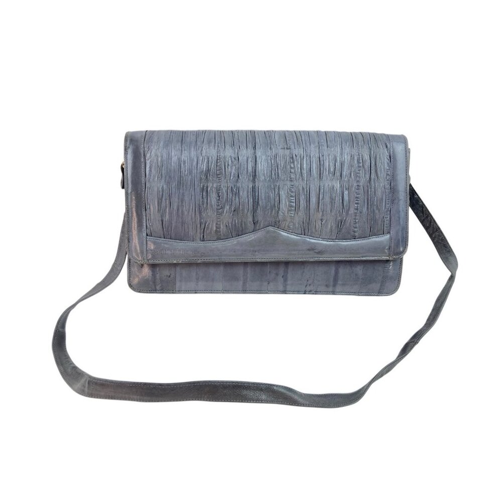 *Vintage Eel Skin Leather Gray Handbag Clutch Shoulder Bag Purse 11x7x2.5